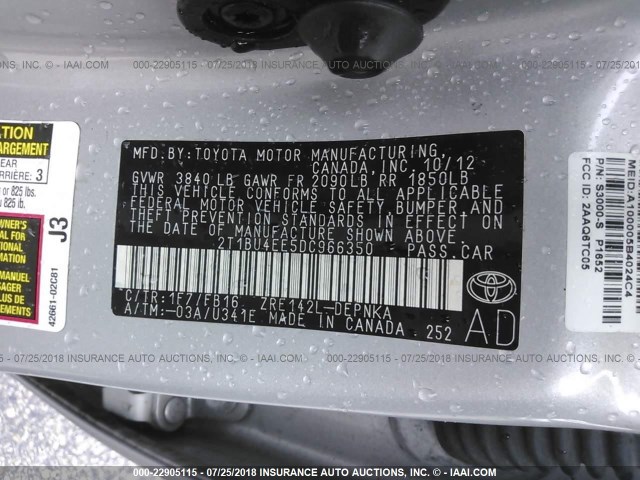 2T1BU4EE5DC966350 - 2013 TOYOTA COROLLA S/LE SILVER photo 9