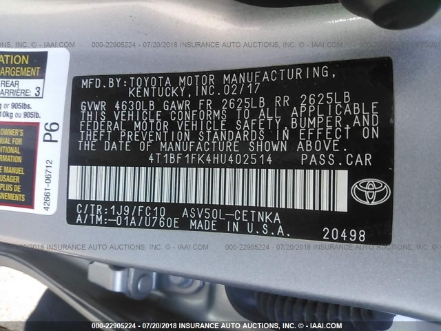 4T1BF1FK4HU402514 - 2017 TOYOTA CAMRY LE/XLE/SE/XSE 银色 照片 9