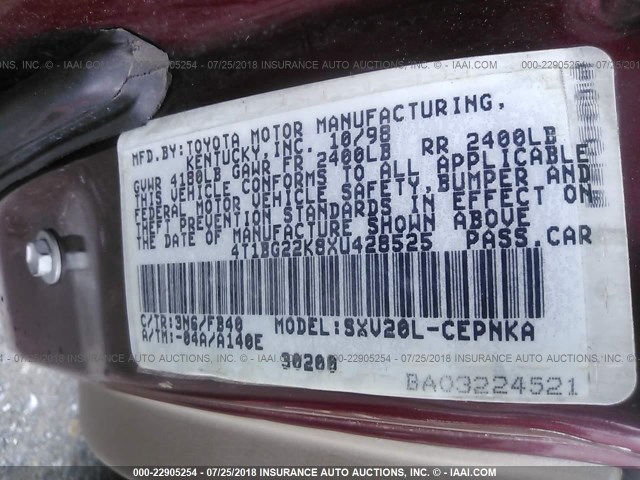 4T1BG22K8XU428525 - 1999 TOYOTA CAMRY CE/LE/XLE 红色 照片 9