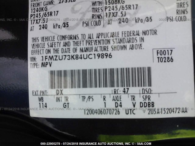 1FMZU73K84UC19896 - 2004 FORD EXPLORER XLT/XLT SPORT/NBX 蓝色 照片 9