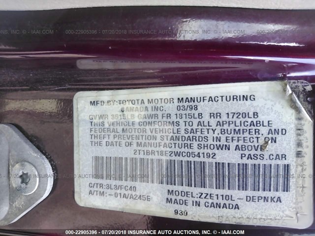 2T1BR18E2WC054192 - 1998 TOYOTA COROLLA VE/CE/LE 勃艮第红 照片 9