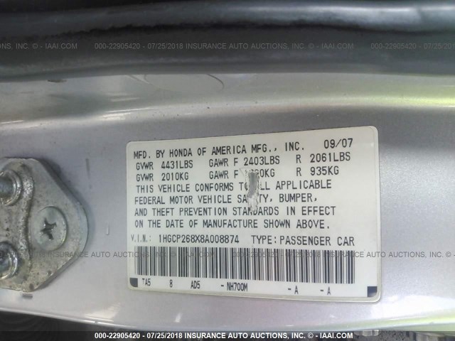 1HGCP268X8A008874 - 2008 HONDA ACCORD EXL SILVER photo 9