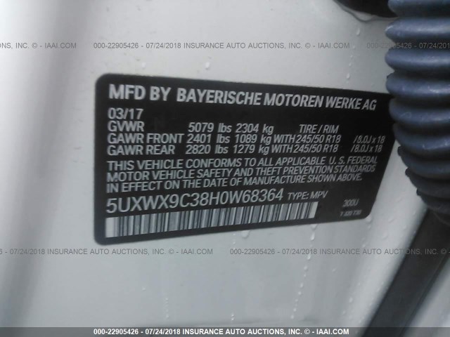 5UXWX9C38H0W68364 - 2017 BMW X3 XDRIVE28I WHITE photo 9