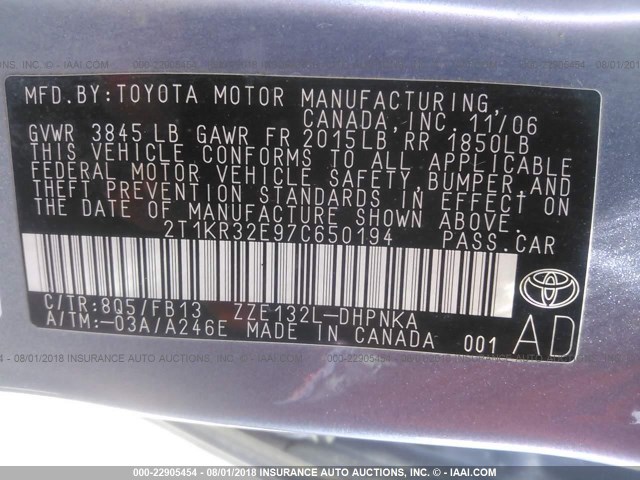 2T1KR32E97C650194 - 2007 TOYOTA COROLLA MATRIX XR BLUE photo 9
