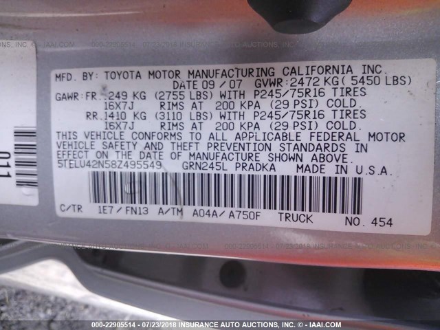 5TELU42N58Z495549 - 2008 TOYOTA TACOMA DOUBLE CAB SILVER photo 9