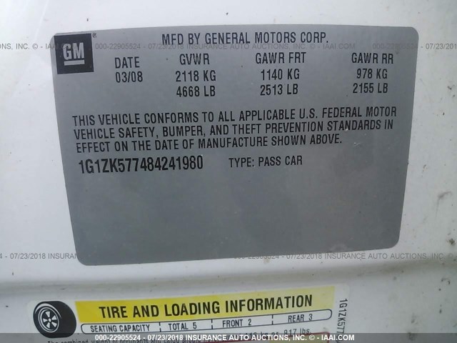 1G1ZK577484241980 - 2008 CHEVROLET MALIBU LTZ 白色 照片 9