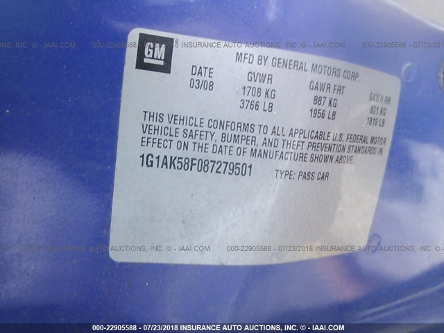 1G1AK58F087279501 - 2008 CHEVROLET COBALT LS BLUE photo 9