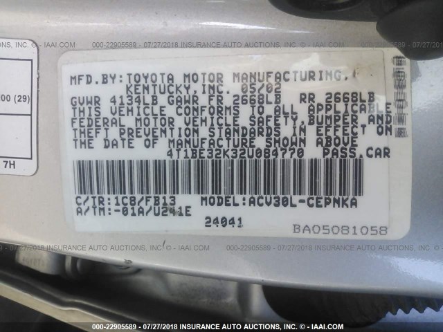 4T1BE32K32U084770 - 2002 TOYOTA CAMRY LE/XLE/SE Gümüş foto 9