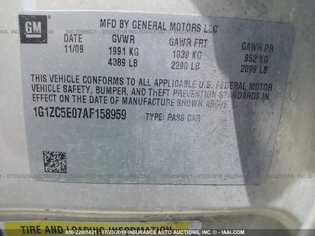 1G1ZC5E07AF158959 - 2010 CHEVROLET MALIBU 1LT Champagne photo 9