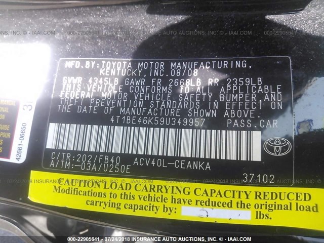 4T1BE46K59U349957 - 2009 TOYOTA CAMRY SE/LE/XLE 黑色 照片 9