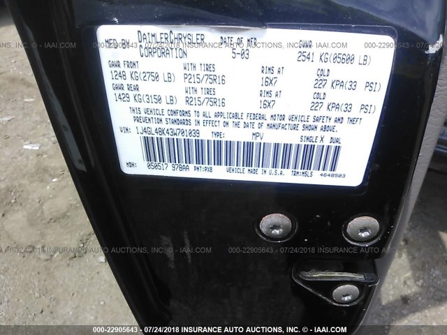 1J4GL48K43W701039 - 2003 JEEP LIBERTY SPORT/FREEDOM BLACK photo 9