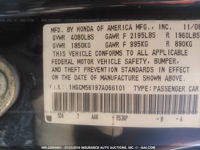 1HGCM56197A066101 - 2007 HONDA ACCORD VALUE BLUE photo 9