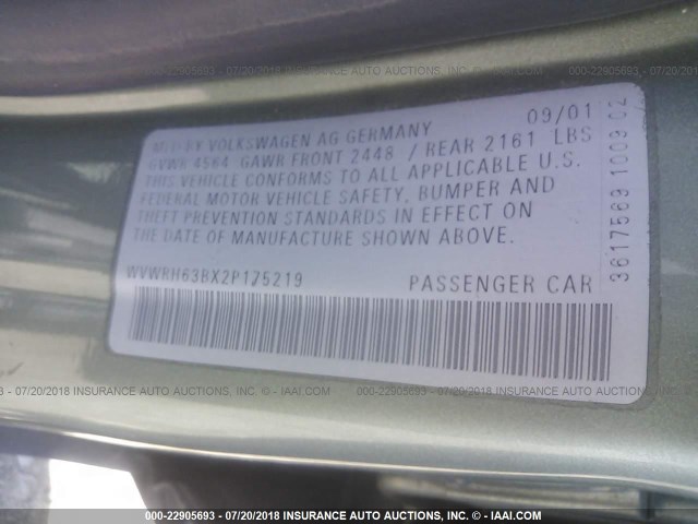 WVWRH63BX2P175219 - 2002 VOLKSWAGEN PASSAT GLX 绿色 照片 9