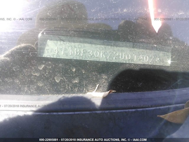 4T1BF30K72U014074 - 2002 TOYOTA CAMRY LE/XLE/SE SILVER photo 9