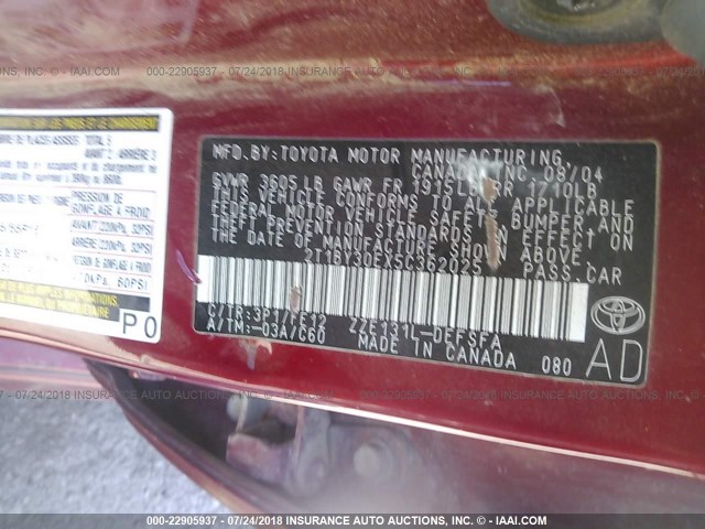 2T1BY30EX5C362025 - 2005 TOYOTA COROLLA XRS RED photo 9