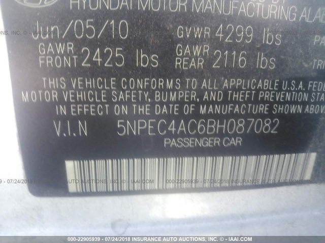 5NPEC4AC6BH087082 - 2011 HYUNDAI SONATA SE/LIMITED SILVER photo 9