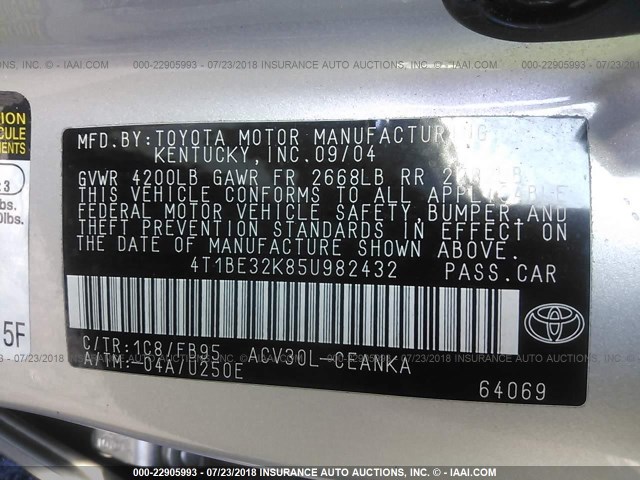 4T1BE32K85U982432 - 2005 TOYOTA CAMRY LE/XLE/SE 银色 照片 9