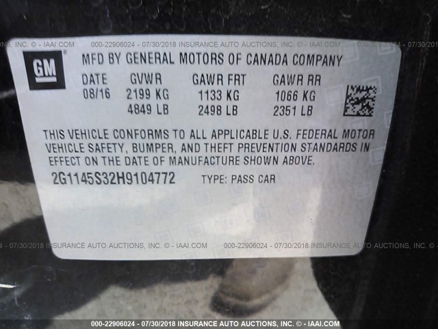 2G1145S32H9104772 - 2017 CHEVROLET IMPALA PREMIER BLACK photo 9