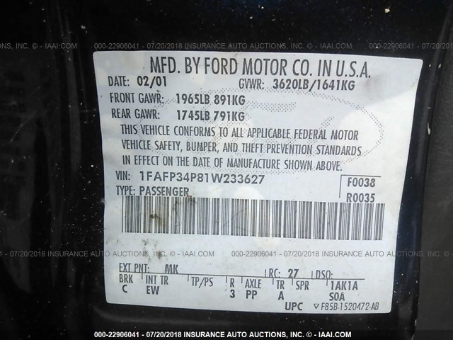 1FAFP34P81W233627 - 2001 FORD FOCUS SE/SE COMFORT Dark Blue photo 9