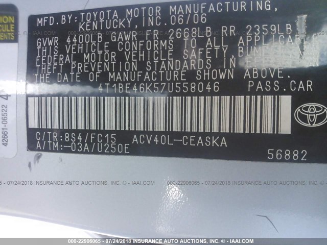 4T1BE46K57U558046 - 2007 TOYOTA CAMRY NEW GENERAT CE/LE/XLE/SE BLUE photo 9