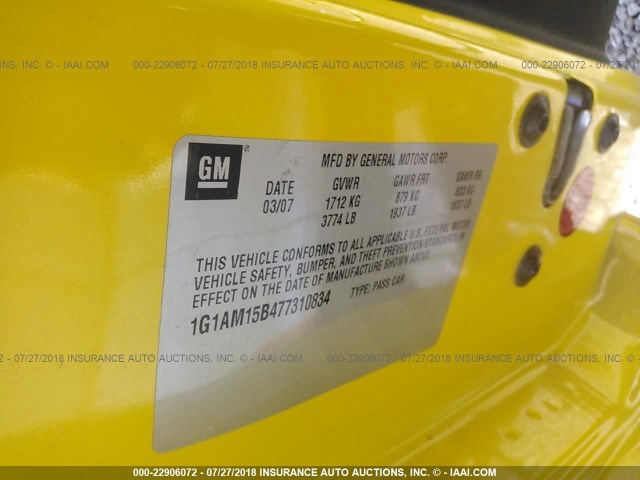 1G1AM15B477310834 - 2007 CHEVROLET COBALT SS YELLOW photo 9