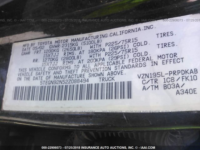5TEGN92N52Z088494 - 2002 TOYOTA TACOMA DOUBLE CAB PRERUNNER BLACK photo 9