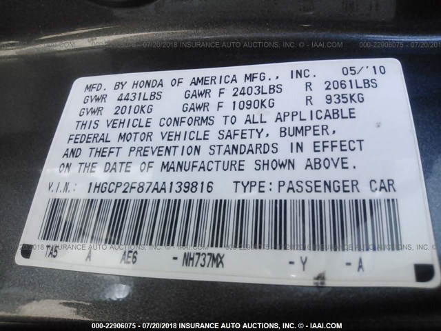 1HGCP2F87AA139816 - 2010 HONDA ACCORD EXL SILVER photo 9