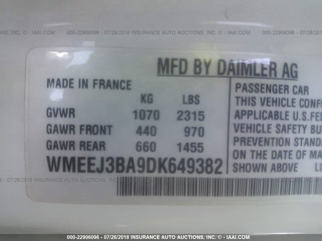 WMEEJ3BA9DK649382 - 2013 SMART FORTWO PURE/PASSION WHITE photo 9