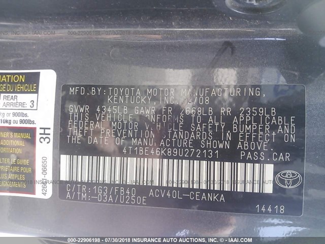 4T1BE46K89U272131 - 2009 TOYOTA CAMRY SE/LE/XLE ნაცრისფერი ფოტო 9