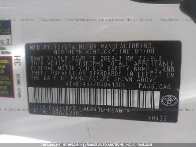 4T4BE46K78R041306 - 2008 TOYOTA CAMRY CE/LE/XLE/SE WHITE photo 9