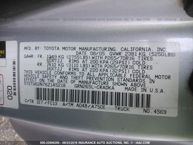 5TETU62N76Z145218 - 2006 TOYOTA TACOMA PRERUNNER ACCESS CAB SILVER photo 9