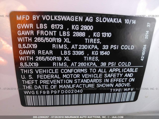 WVGEF9BP9FD002040 - 2015 VOLKSWAGEN TOUAREG V6 WHITE photo 9