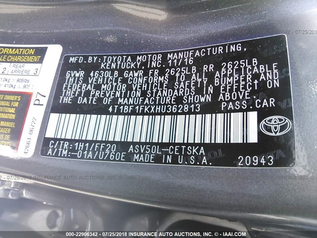 4T1BF1FKXHU362813 - 2017 TOYOTA CAMRY LE/XLE/SE/XSE 灰色 照片 9