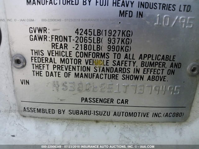 4S3BG6851T7379495 - 1996 SUBARU LEGACY OUTBACK WHITE photo 9