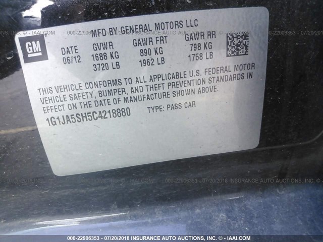 1G1JA5SH5C4218880 - 2012 CHEVROLET SONIC LS 黑色 照片 9