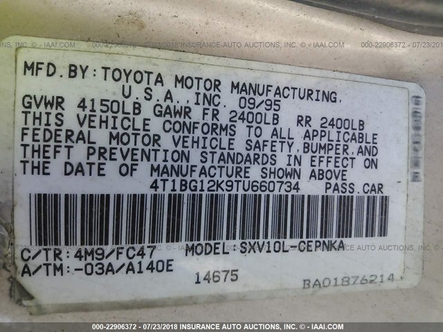 4T1BG12K9TU660734 - 1996 TOYOTA CAMRY DX/LE/XLE TAN photo 9