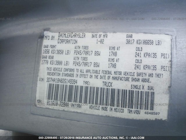 3D7HA18N82G149394 - 2002 DODGE RAM 1500 GRAY photo 9