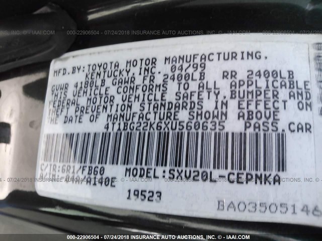 4T1BG22K6XU560635 - 1999 TOYOTA CAMRY CE/LE/XLE 绿色 照片 9