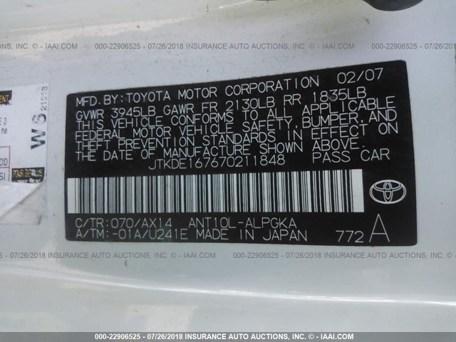 JTKDE167670211848 - 2007 TOYOTA SCION TC 白色 照片 9