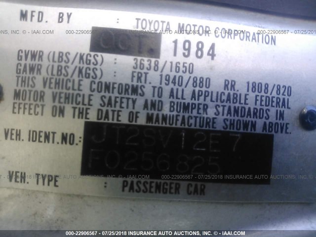 JT2SV12E7F0256825 - 1985 TOYOTA CAMRY DLX SILVER photo 9