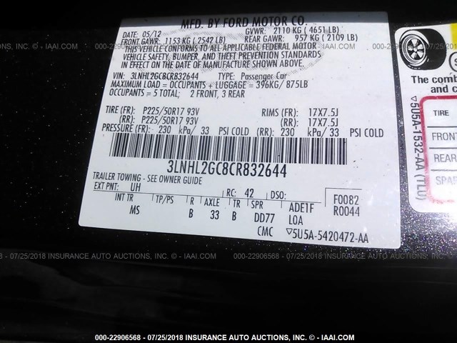 3LNHL2GC8CR832644 - 2012 LINCOLN MKZ 黑色 照片 9