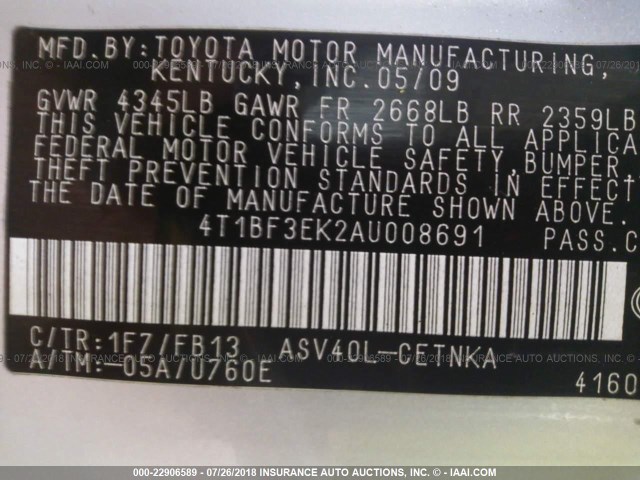 4T1BF3EK2AU008691 - 2010 TOYOTA CAMRY SE/LE/XLE 银色 照片 9