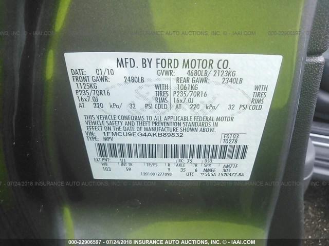 1FMCU9EG4AKB89832 - 2010 FORD ESCAPE LIMITED GRAY photo 9