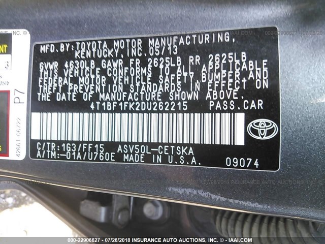 4T1BF1FK2DU262215 - 2013 TOYOTA CAMRY L/SE/LE/XLE 灰色 照片 9