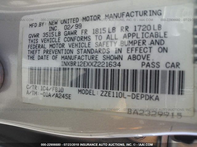 1NXBR12EXXZ221634 - 1999 TOYOTA COROLLA VE/CE/LE 棕色 照片 9