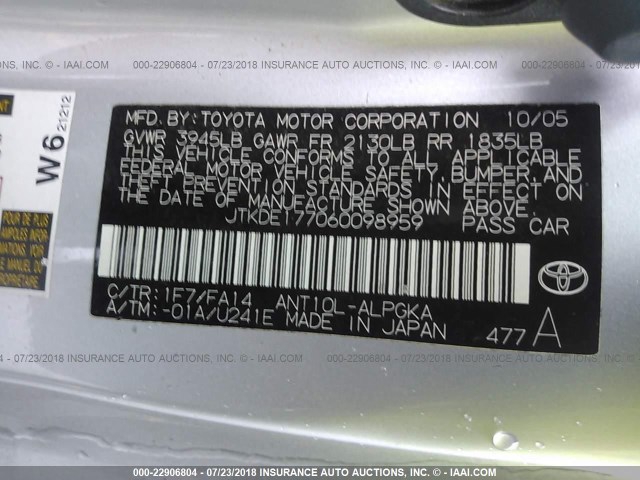 JTKDE177060098959 - 2006 TOYOTA SCION TC 银色 照片 9