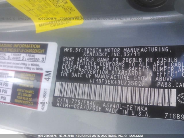 4T1BF3EK4BU725627 - 2011 TOYOTA CAMRY SE/LE/XLE მწვანე ფოტო 9