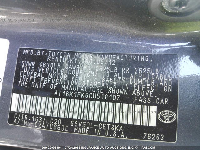 4T1BK1FK6CU518107 - 2012 TOYOTA CAMRY SE/XLE GRAY photo 9