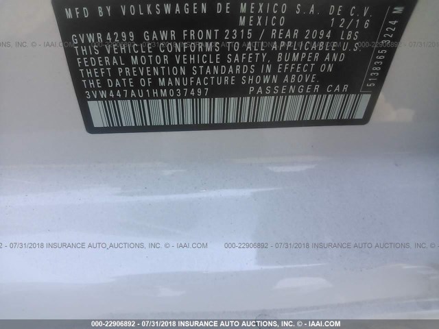 3VW447AU1HM037497 - 2017 VOLKSWAGEN GTI S/SE/AUTOBAHN WHITE photo 9