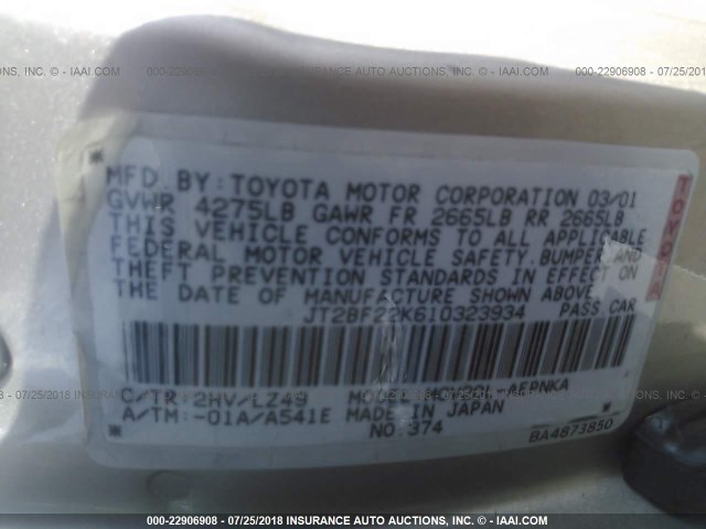 JT2BF22K610323934 - 2001 TOYOTA CAMRY CE/LE/XLE 米色 照片 9